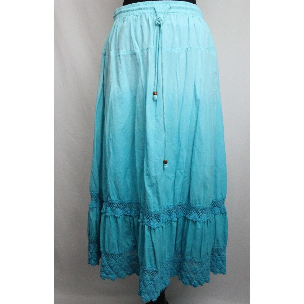 Bobbie Brooks Turquoise Blue Cotton Gauze Crochet Lace Trim Maxi Peasant Skirt M